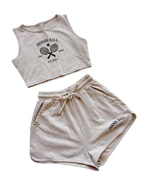 Tennis Ball Graphic Crop Tank & Shorts Set - Cream